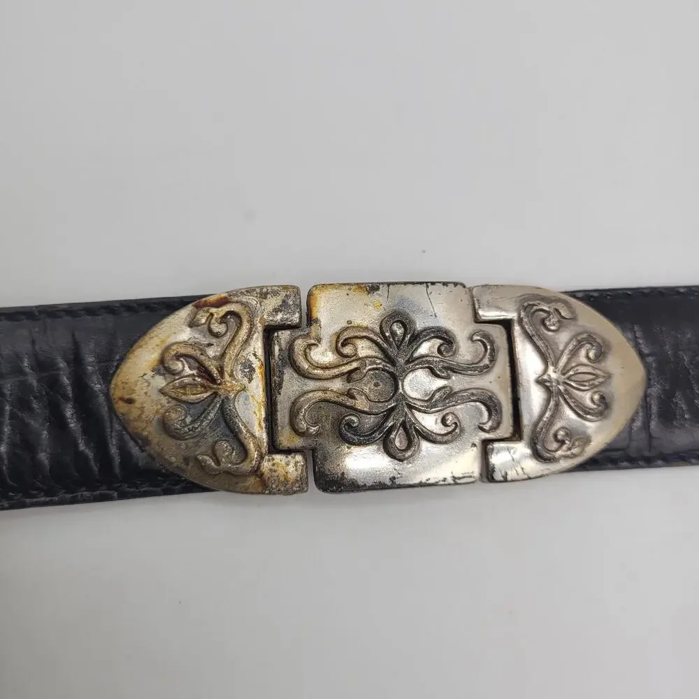 Fossil Belt Womens Med Black Leather Western Engraved Cowgirl Boho Rodeo Patina